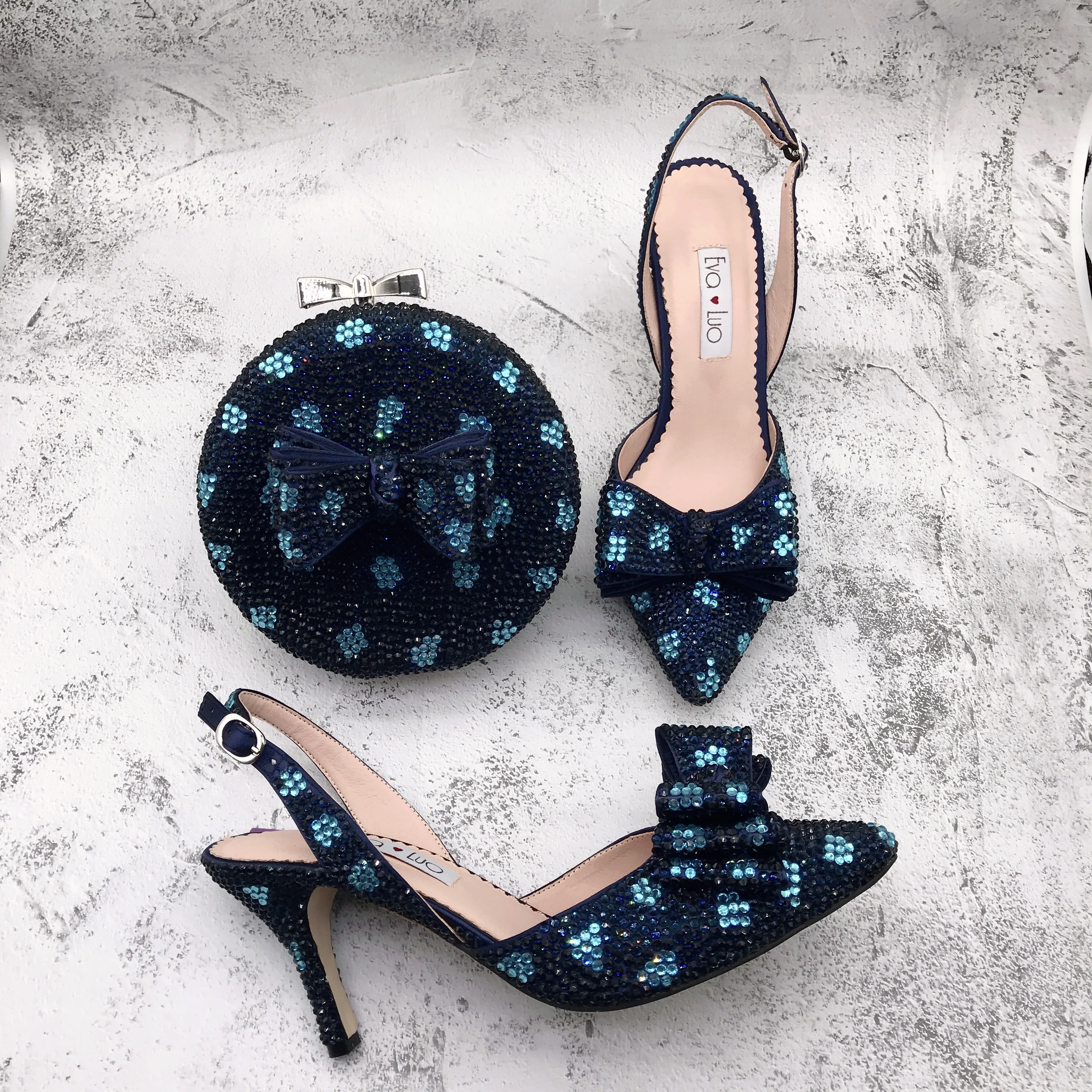 BS1545 Customizable Various Heel  Dress Sandal Women Shoes  Navy Blue  Crystal Shoes With Matching Bag Bridal Wedding Shoes