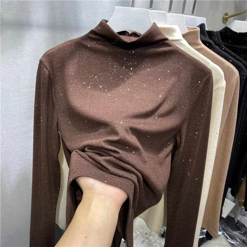 Mulheres manga longa gola alta básica topos feminino outono roupas 2025 outono pullovers camisola coreano inverno nova blusa quente brilhante