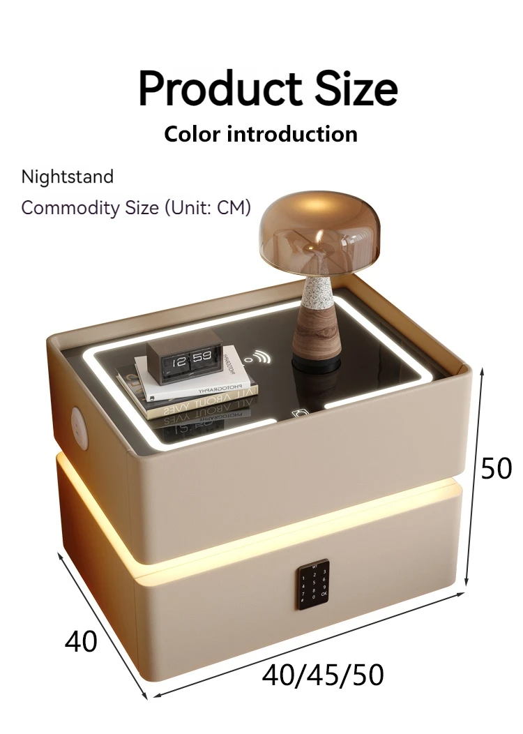 طاولة سرير ذكية من الخشب الصلب الحديث مع ضوء LED للشحن اللاسلكي بجانب السرير للاستخدام في غرفة نوم المنزل والمستشفى