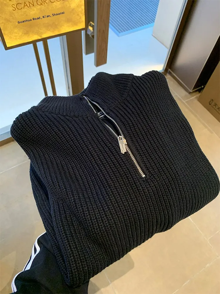

Мужской вязаный свитер в корейском стиле с молнией, теплая базовая одежда, повседневный, с длинными рукавами, воротник-стойка, для осени и зимы