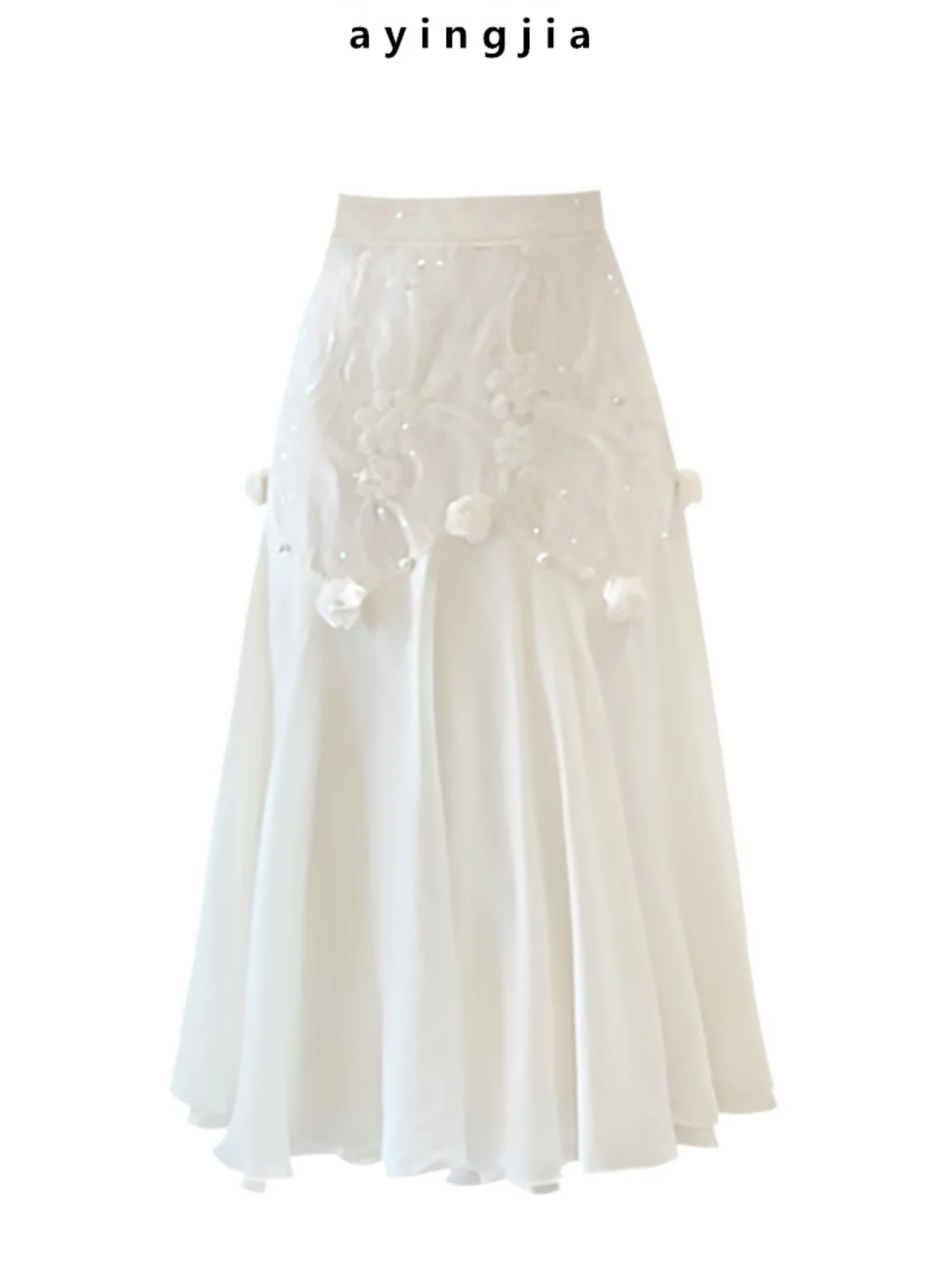 

Юбка женская из шифона с ручной вышивкой, пайетками и кружевом, двухслойная, французский стиль, с высокой талией, с оборками