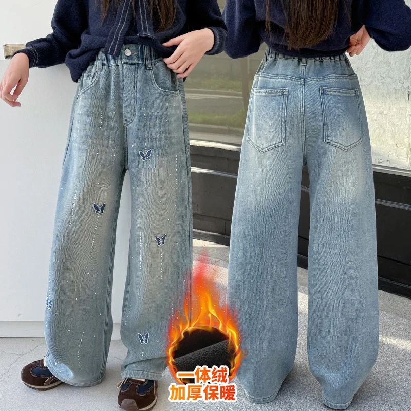 autumn winter 6 8 10 12 14 teen girls plush jeans Butterfly rhinestone velvet wide-leg pants child denim trousers school clothes