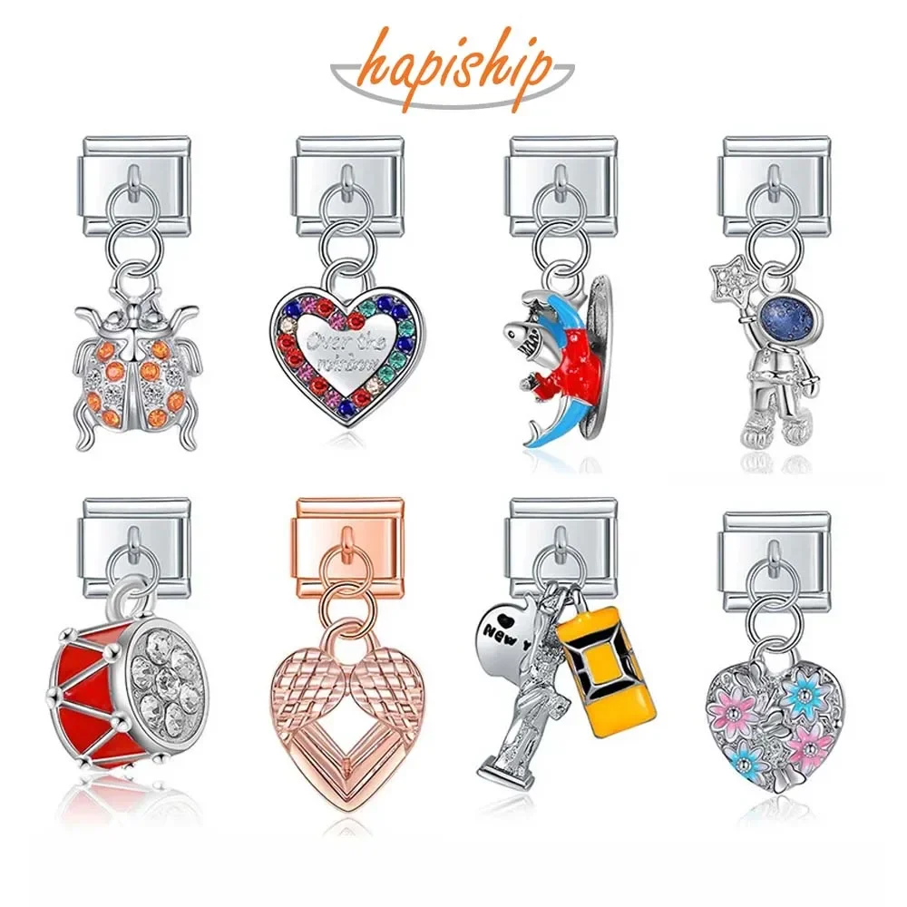 Hapiship Fashion Heart Butterfly Beetles Astronauts Shark Charm Italian Link Fit DIY 9mm Stainless Steel Bracelet Jewelry DJ543