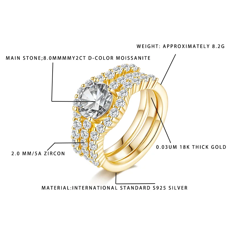 

Women's Double Layer Moissanite Ring 2CT D-Color 8.0mm Main Stone 2.0mm 5A Zircon 18K Gold Plated S925 Silver Engagement Wedding