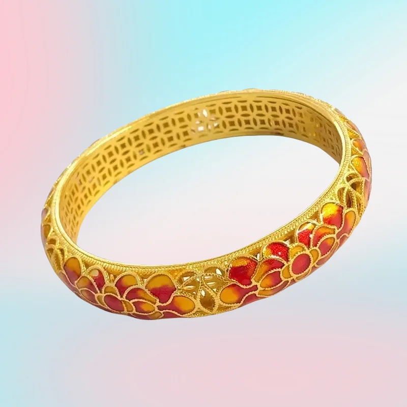 

NEW 9999 real gold 24K yellow gold Enamel Flower Hollow Money Bracelet Lotus Bracelet Bracelet