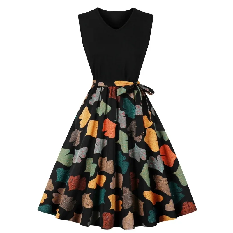 2026 New Vintage Women Sleeveless V Neck Swing Midi Dress Hepburn 1950s Summer Black Patchwork Print Large Swing A-Line Dresses