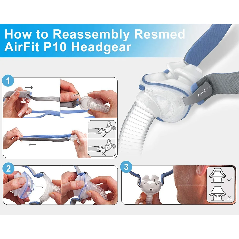 Arnês de substituição compatível com resmed airfit p10 travesseiro nasal alça cpap 3 alças e 6 clipes de ajuste a