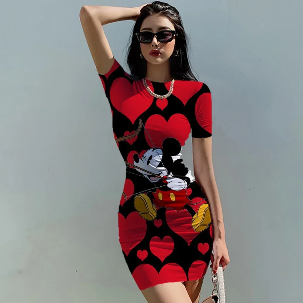 Disney Minnie Mickey Mouse bow print Elegant Pencil Dress Womens Simple Sheath Office Dresses Summer Short sleeve Casual Vestido