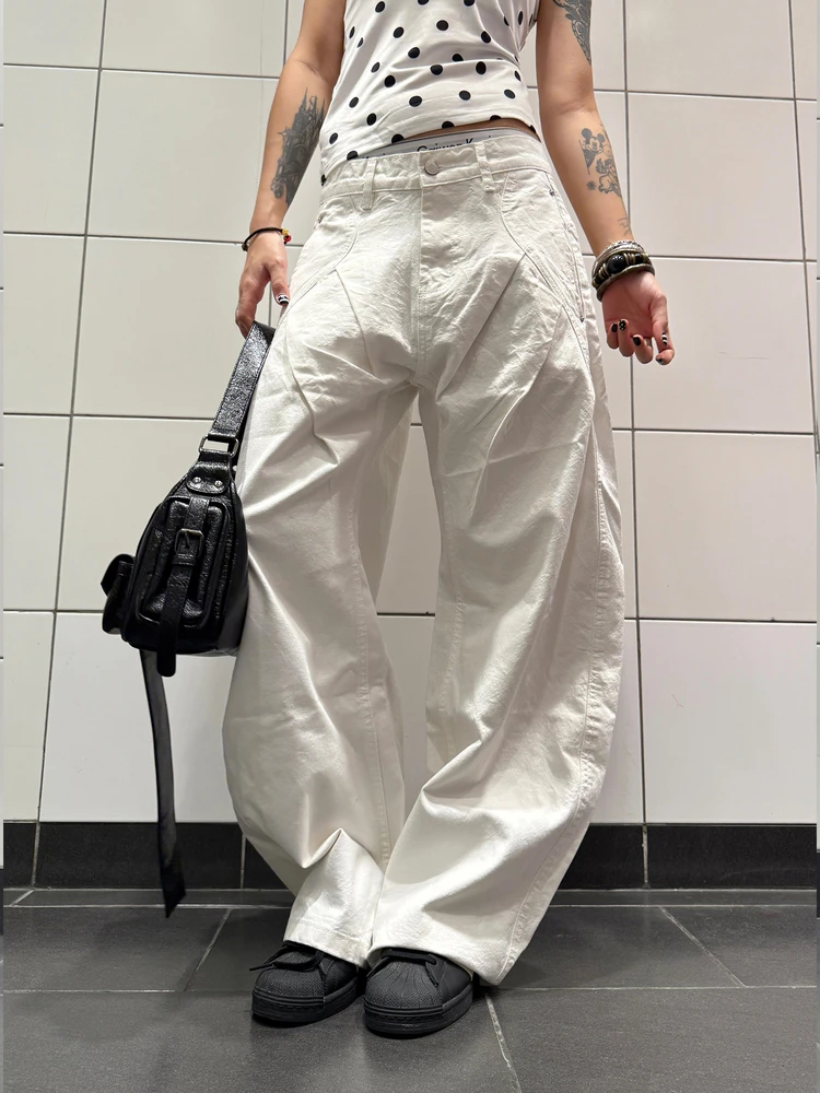 

American Retro Pleated Design White Knife Jeans Men's Women's Cleanfit Loose Straight Leg Couple Wide Leg Pants