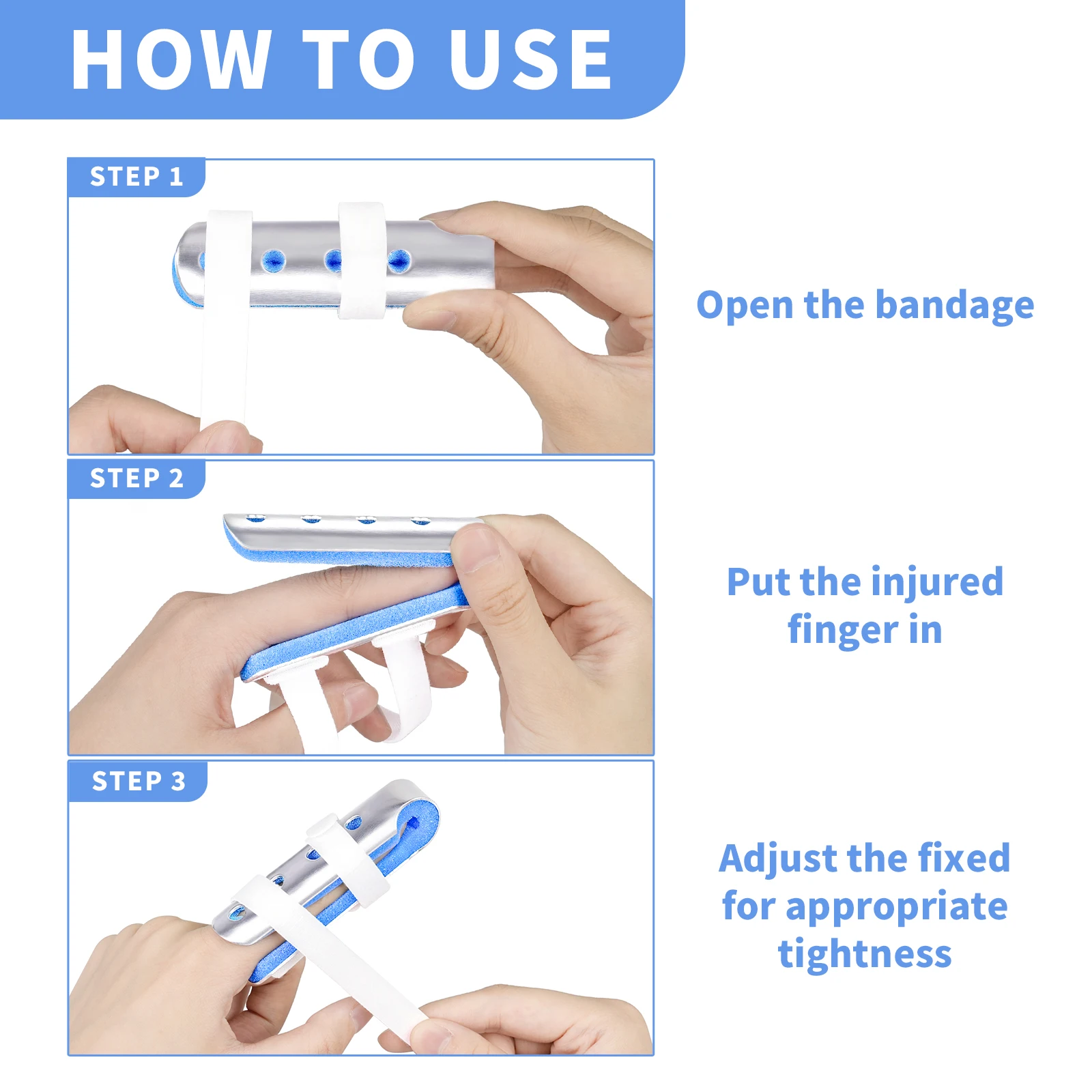 Rhino Rescue Finger Splint – 3PCS Adjustable Finger Brace for Broken Fingers & Joint Support (Blue)