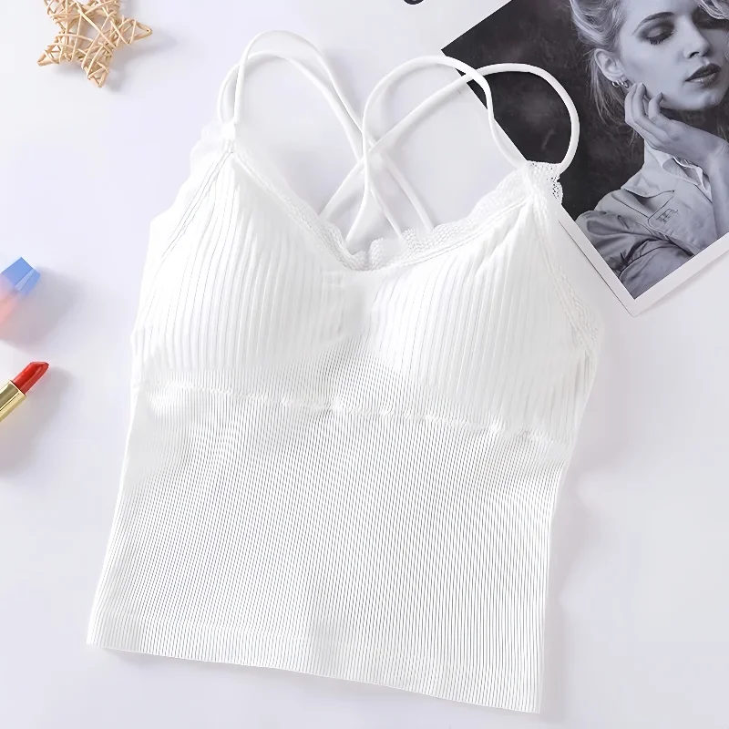 Summer Tank Top Women Crop Tops Sexy Lingerie Beauty Back Seamless Underwear Lace Bralette Camis Female Padded Camisole Femme
