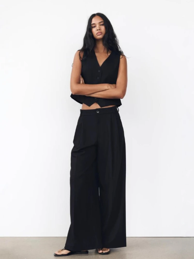 2026 Summer New French Commuter Style Solid Color Double Fold Loose Look Slim One Button Wide Leg Casual Pants