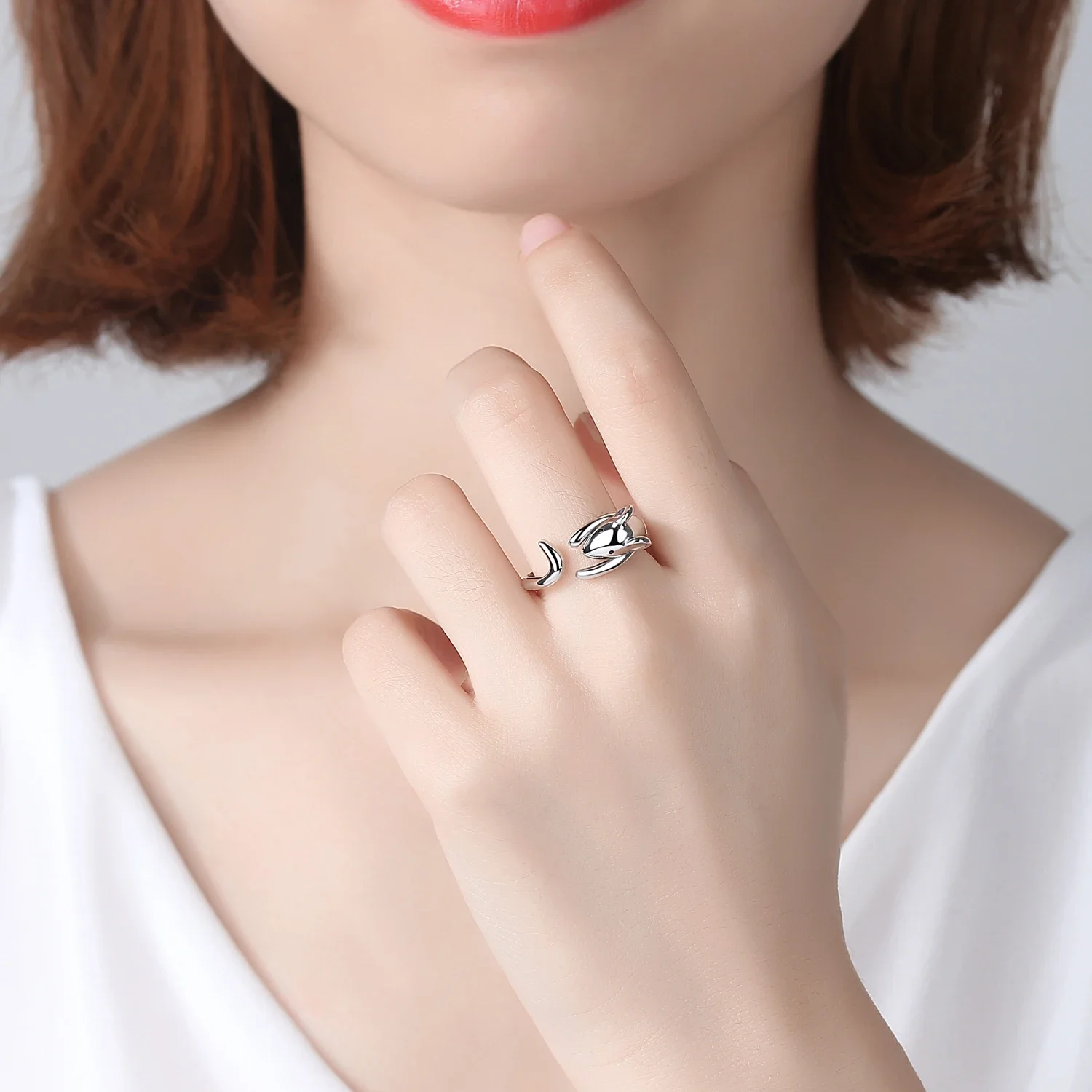 Kaletine 925 Sterling Silver Rings for Women Naughty Cut Mouse Finger Cute Long Tail Black CZ Eye DIY Jewelry Christmas Gifts