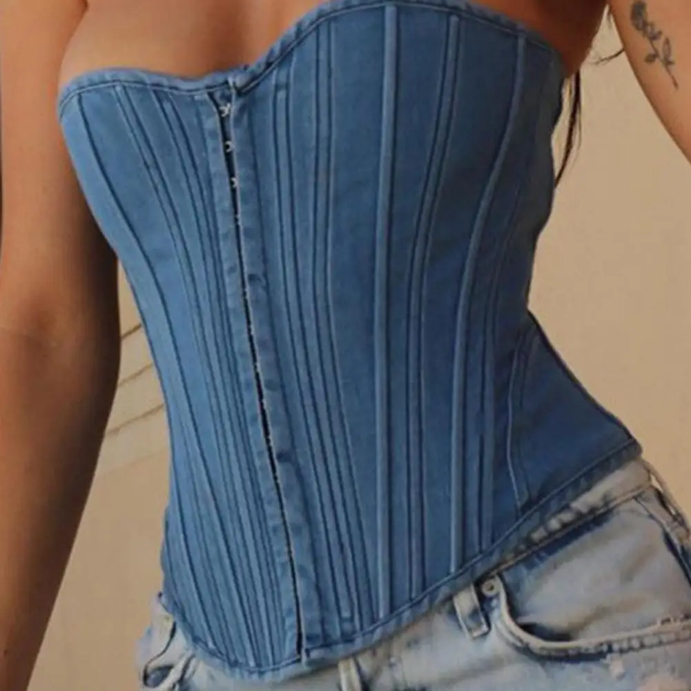 Sexy Denim Corset Strapless Crop Tube Top Summer Solid Off Shoulder Bustier Party Sleeveless Tank Tops Women Clubwear