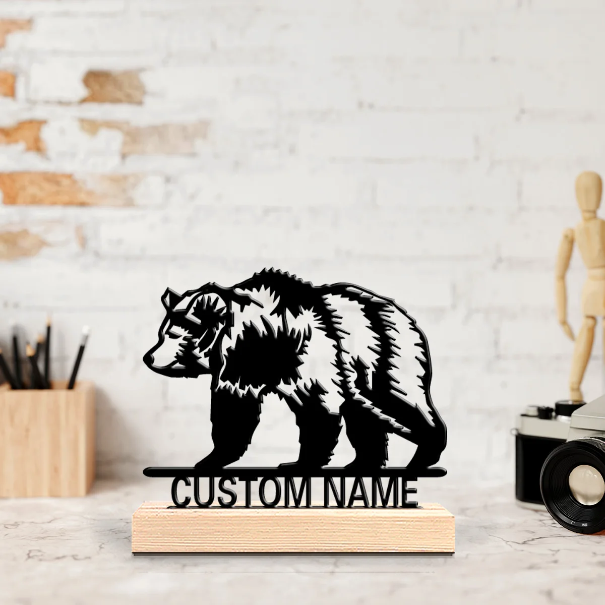 1pc Brown bear Customizable Text Metal Statue Metal Ornament Art Crafts With Wood Base Metal Ornament For Friend Gifts