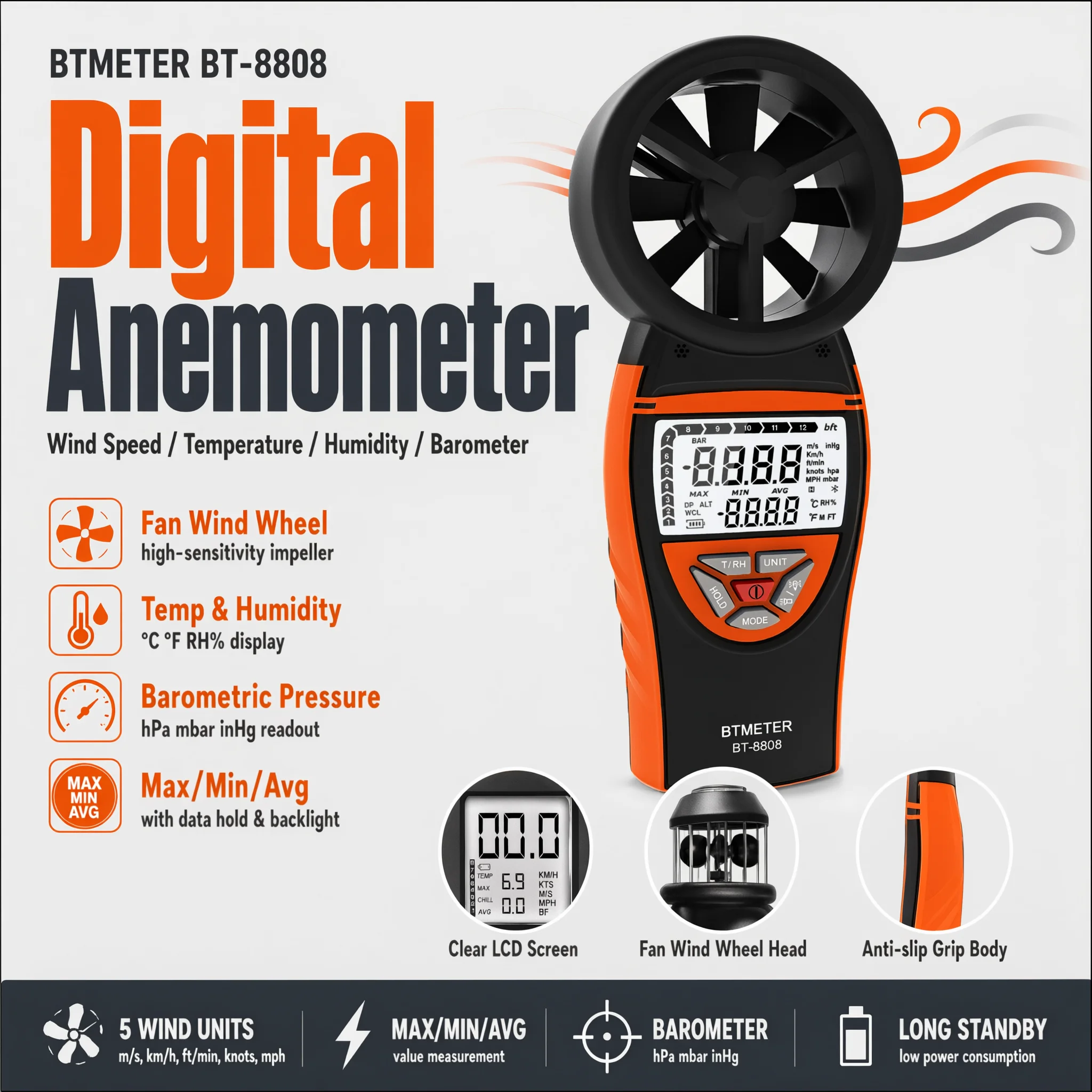 Digital Anemometer Wind Speed Meter Temperature Humidity Tester MAX MIN Data Hold Rechargeable Battery for HVAC Drone Outdoor