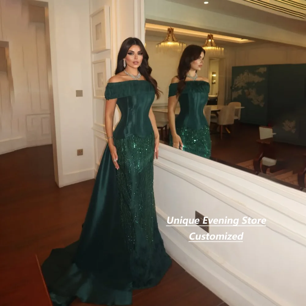 Customized Dark Green Mermaid Off‑Shoulder Satin Sequin Mother Of The Bride Gown For Wedding Guest Formal Gala Banquet Party