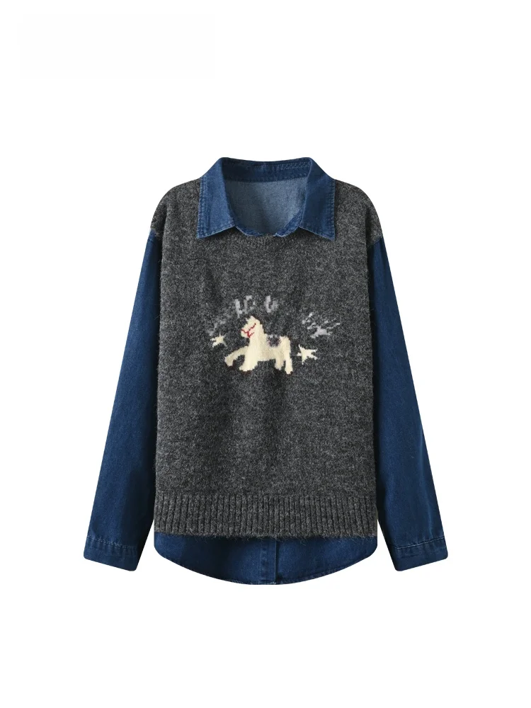 

plus Size Ne Long Sve Knitted irt Women's Autumn Winter New Sle Fat MM Fake Two-Piece Top Faionable Ensemble