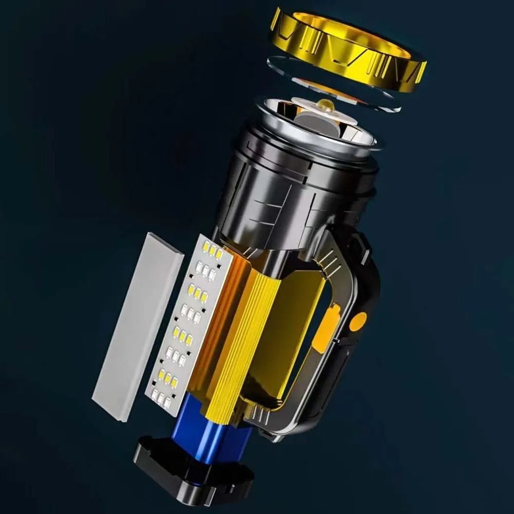 كشاف تخييم مائي مضاد للرذاذ مع أضواء جانبية USB قابلة لإعادة الشحن، كشاف بلاستيكي محمول، بطارية 2400 مللي أمبير في الساعة