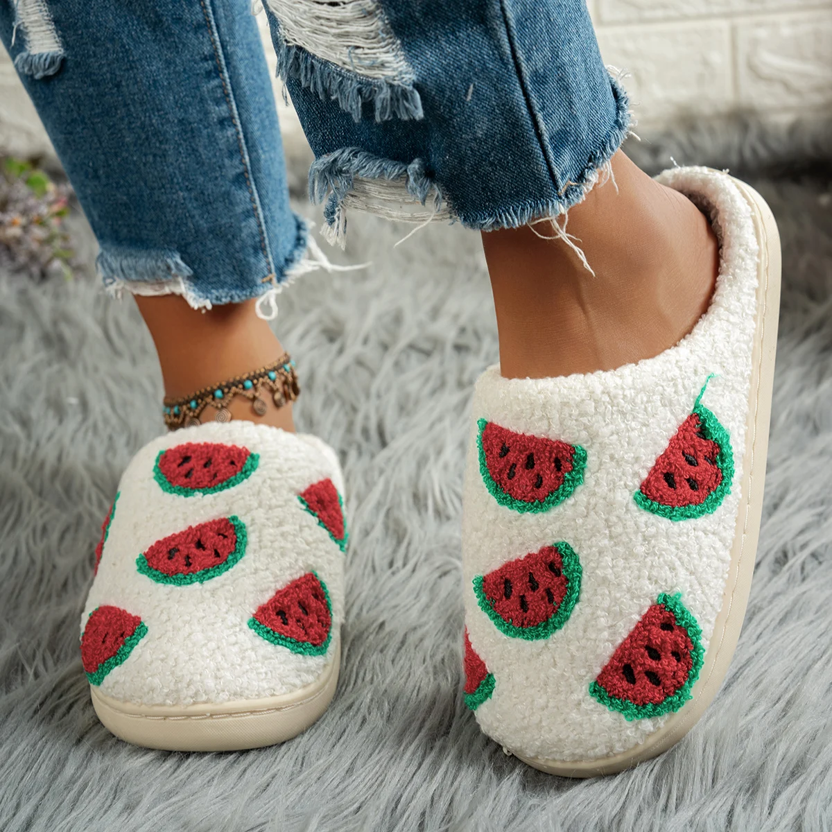 Cartoon Fruit Watermelon Fashion Warm Bedroom Women's Slippers Indoor Winter Non Slip Soft Sole Comfortable Cute Home Mute Shoes - view 3