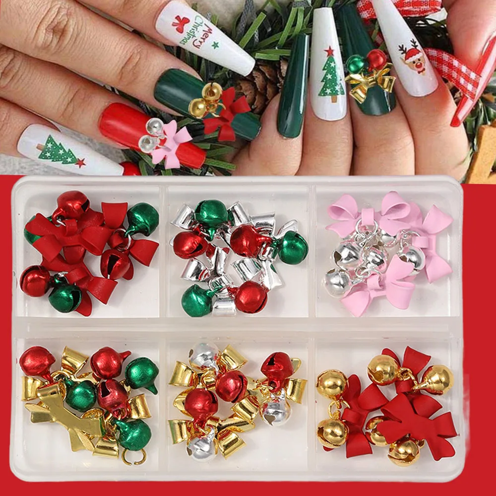 6Grids/Box 3D Christmas Golden&Silvery Bow Bell Nail Charms Red+Green Tassel Bell Nail Art Decor 10mm Xma Manicure Penant Bell
