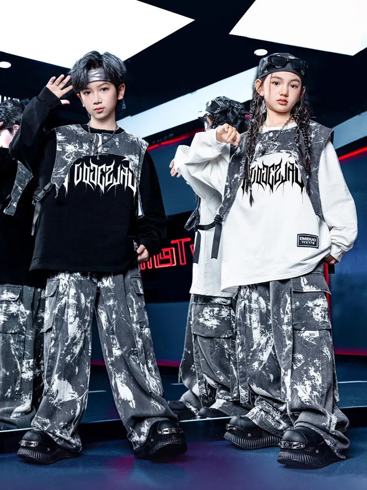 طفل ملابس رقص الجاز الهيب هوب المرحلة زي أسود علوي شافل السراويل الطفل في سن المراهقة شارع الرقص تظهر الأداء الزي VDL4651 #2