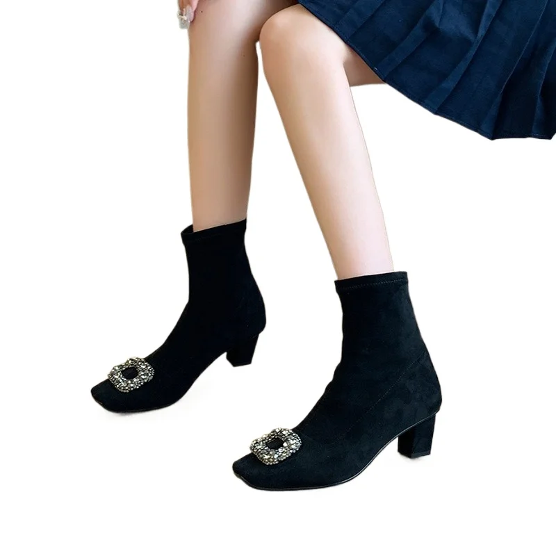 New Style Popular Ankle Boots Women Shoes Woman Fashionable High-heeled Pointed Flock Boots Spring Autumn Rhinestone Short Boots