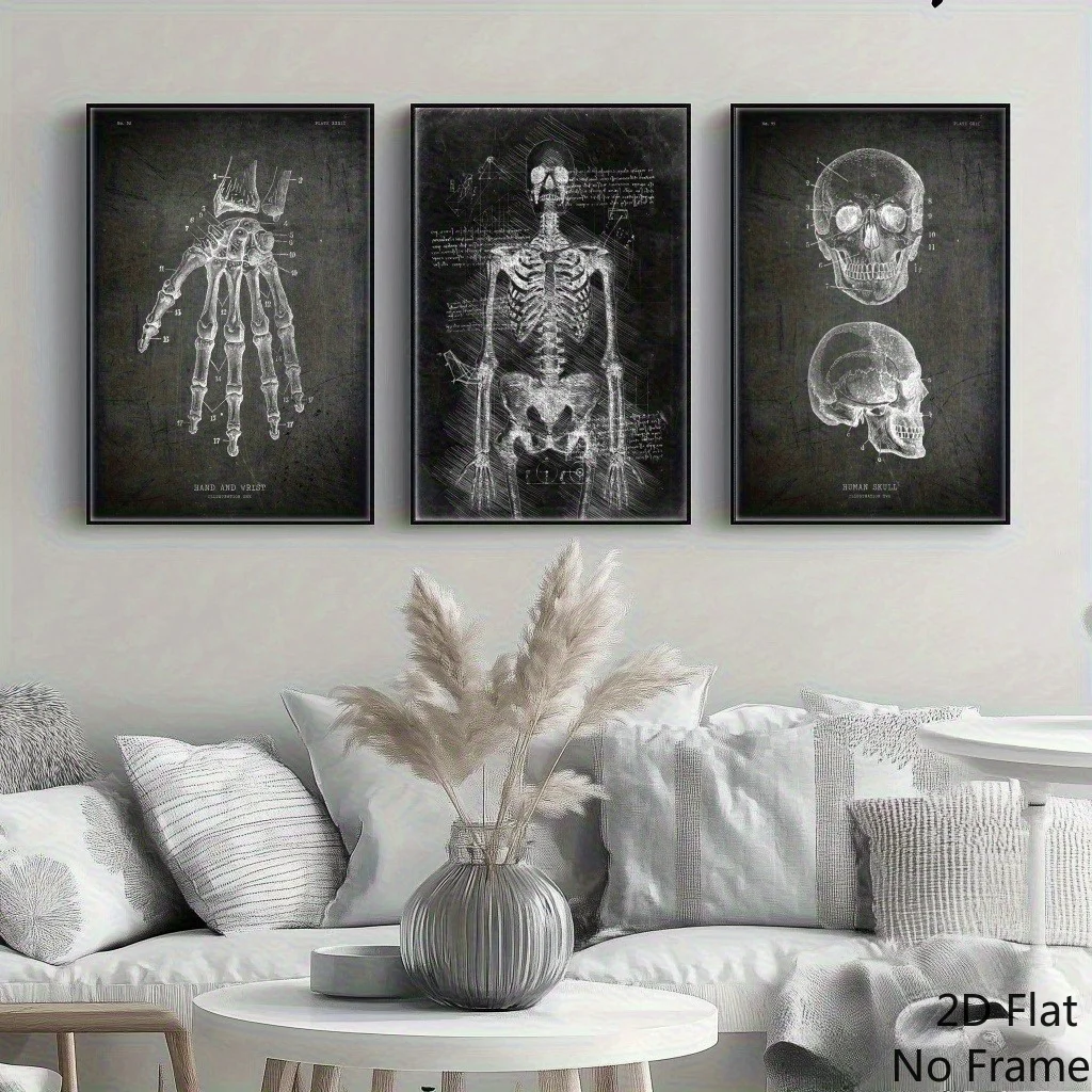 （NoFrame 3pcs）-2D Flat, 2D Flat, 2D Flat Three Pieces of 2D Flat Designs Featuring Skeletons, Human Figures, And Skull Outlin