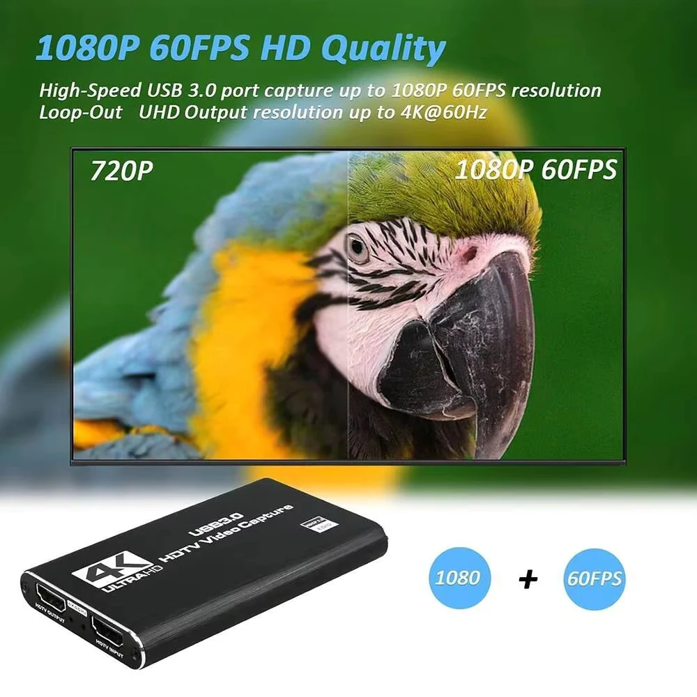 4K HDMI-Compatible to USB 3.0 1080P@60Hz Video Capture Card With Loop-Out for PS5 PC Game Live Streaming Camera Broadcast OBS