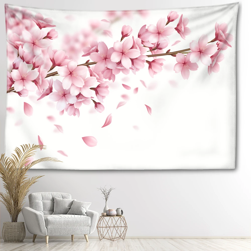 Pink peach blossom branch printed tapestry, modern style, wall decoration for bedrooms, study rooms, and living rooms
