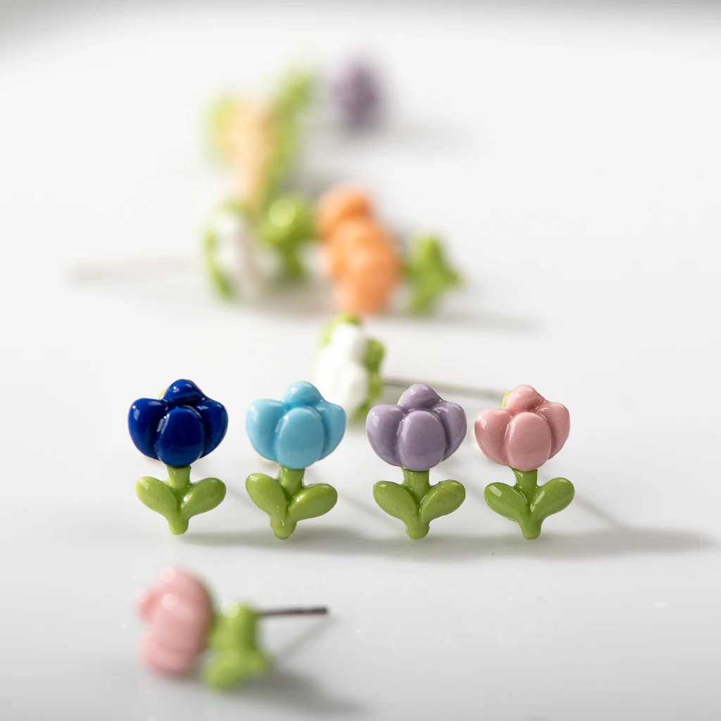 Multicolor Small Tulip Flower Ceramic Stud Earrings Anti-allergic Steel Needle Gift Ornament Luxury Z604