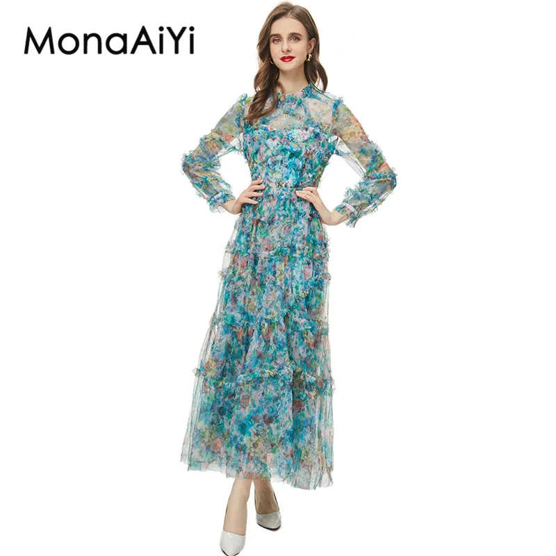 MonaAiYi New Fashion Runway Designer Women\'s Spring And Summer  Long Sleeved Wooden Ear Edge Printed Green Sheer Dress