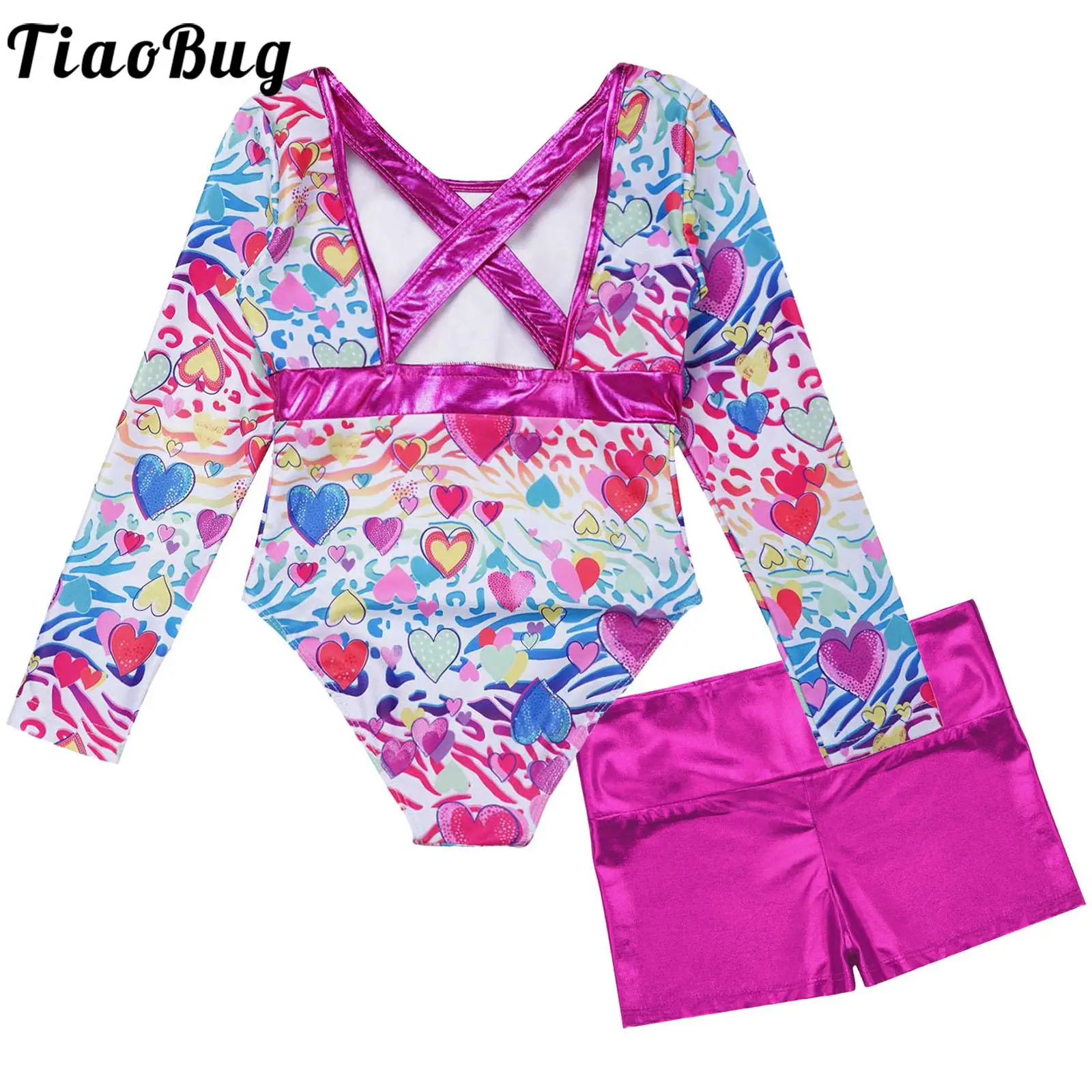 Kids Girls Dance Suit Cross Straps at Rear Printed Leotard With Metallic High Waist Shorts for Sports Gymnastic Workout Damcewea