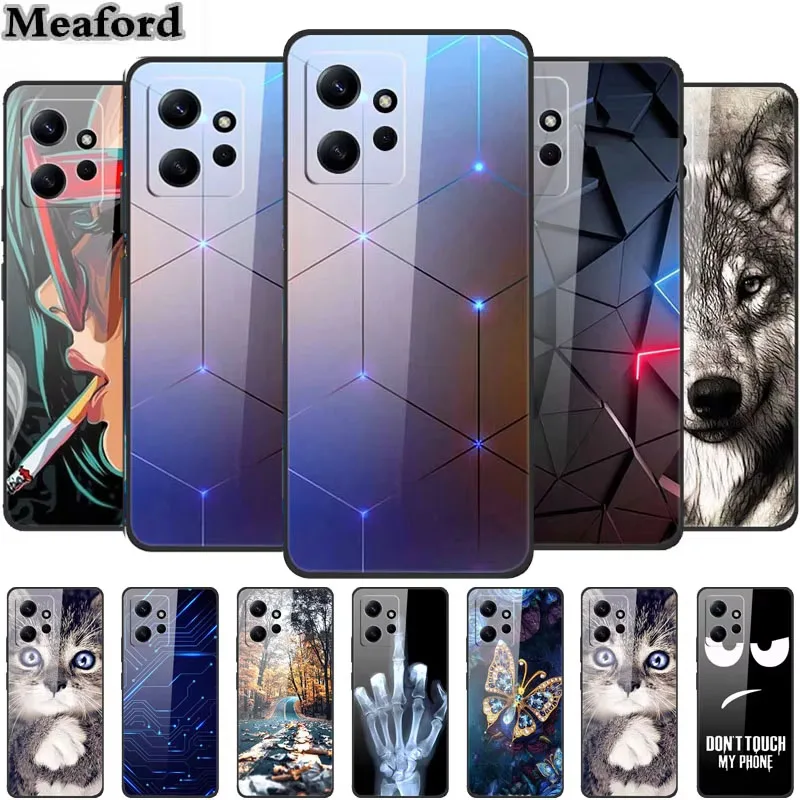 

For Redmi Note 12 4G Glass Case Animals Tempered Hard Cover Phone Cases For Xiaomi Redmi Note12 4G 23021RAA2Y Wolf Bumper Para