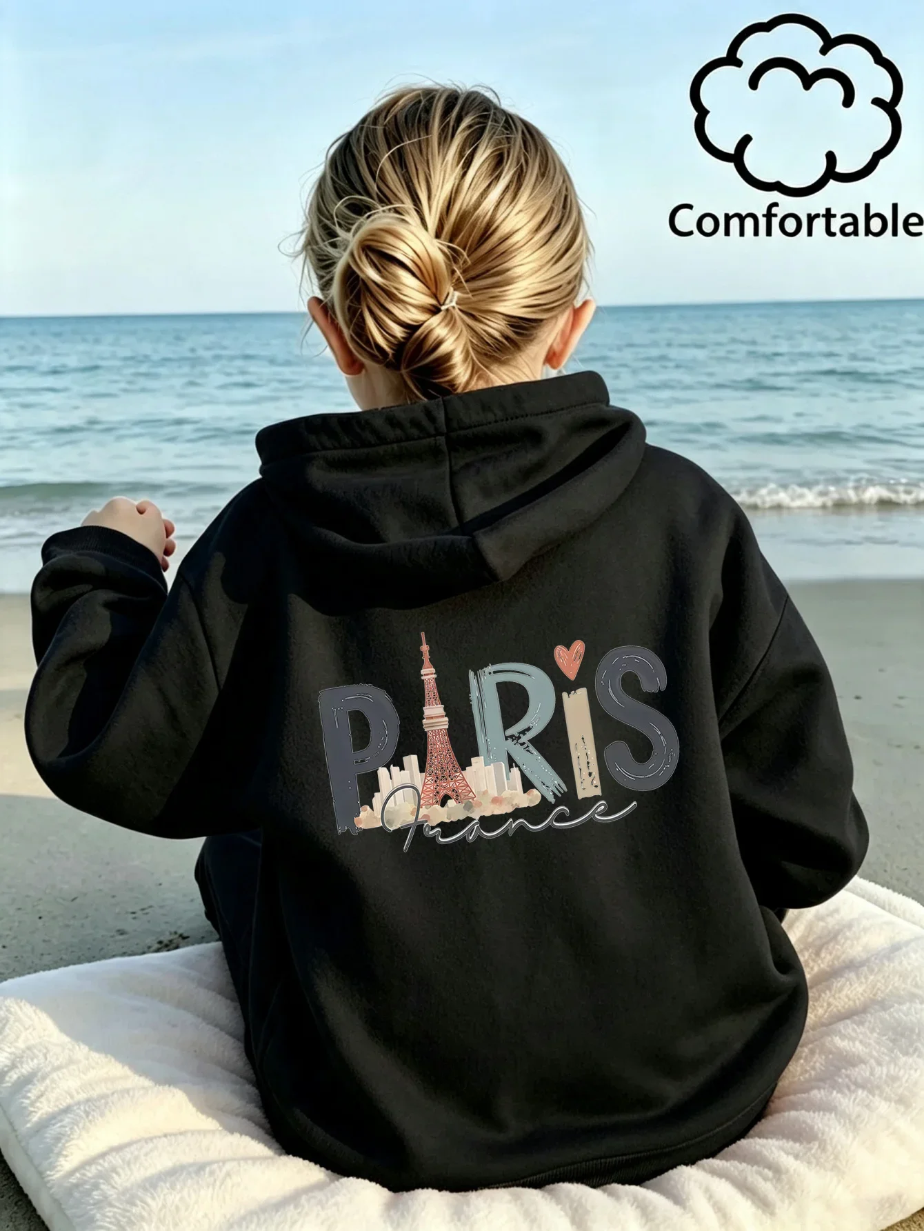 Teen Girls Black Paris Eiffel Tower Graphic Hoodie French Travel Printed Sweatshirt School Clothes Birthday Gift Autumn Tops