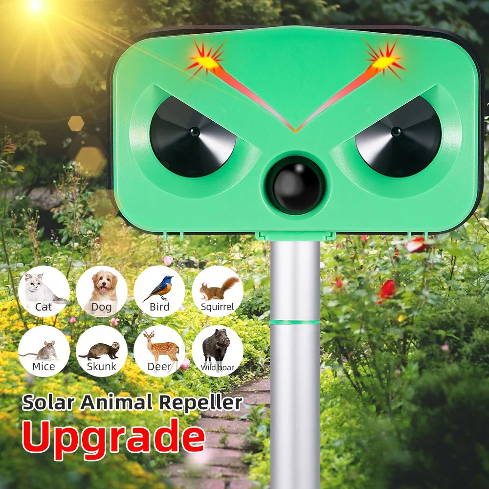 Alarma Ultrasónica Infrarroja para Exteriores con Sensor y Luz Estroboscópica, Repele Roedores, Aves, Serpientes, Jabalíes y Murciélagos