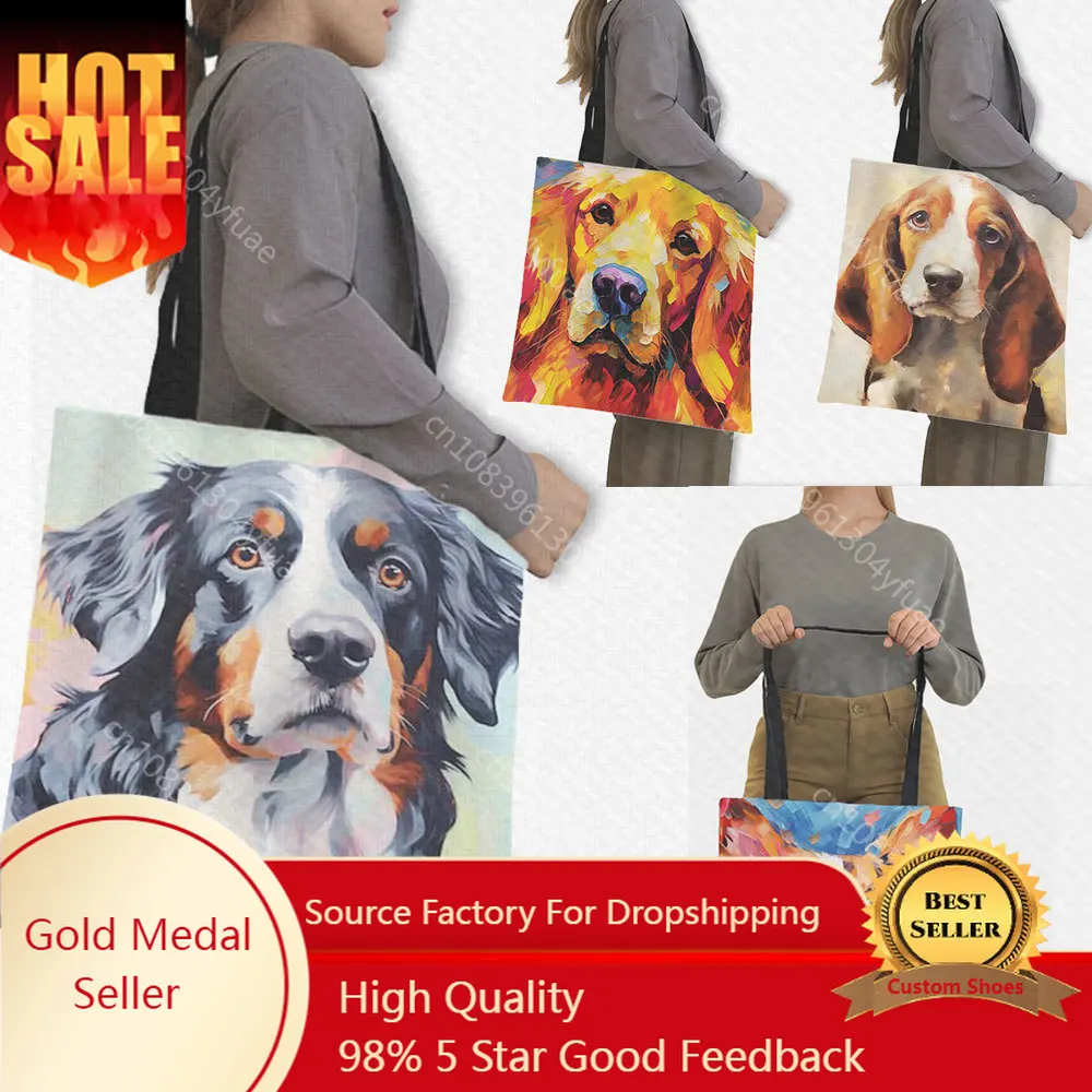 

Oil Painting Dogs Shopping Bag Colorful Puppy Golden Retrieve Tote Bag Labrador Dog Handbag Border Collie Shoulder Bag Bookbag