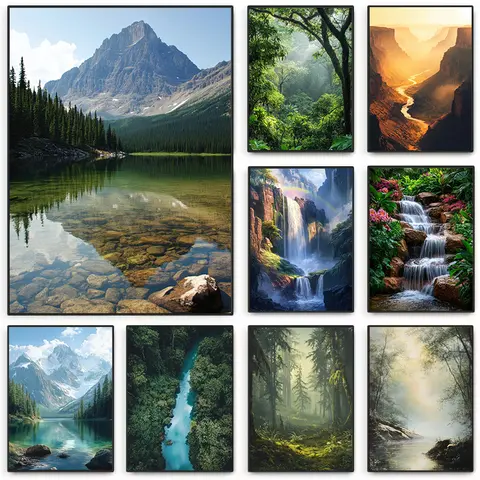 Pacífico lago floresta cachoeira pedra montanha zen paisagem natureza paisagem cartaz pintura em tela fotos de parede decoração casa