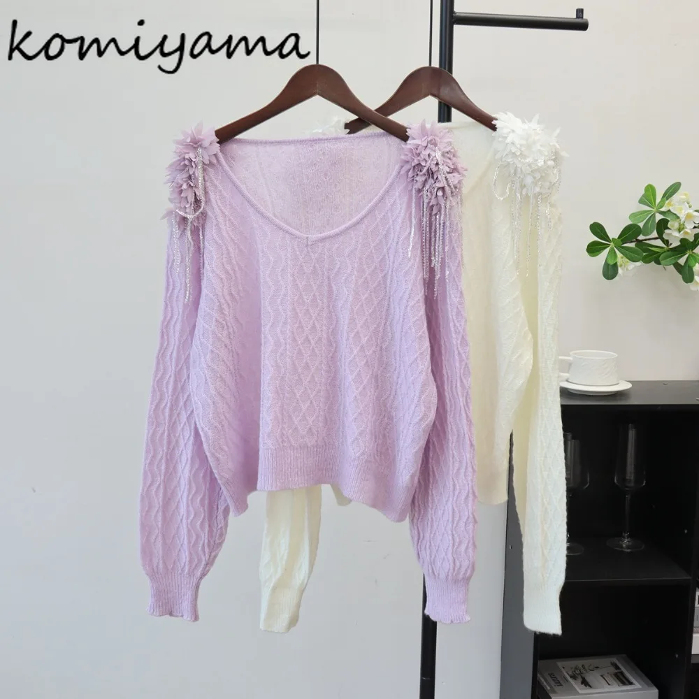

Tassel 3d Flower Ropa Mujer Wave Cut Knit Sweater Autumn New Clothes Woman V-neck Long Sleeve Pull Soft Advanced Sense Tops