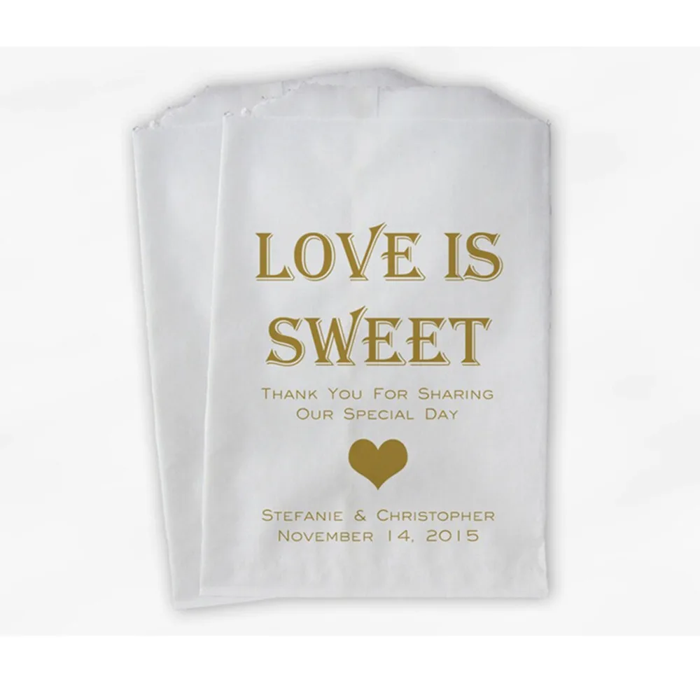 25PCS Love Is Sweet Candy Buffet Treat Bags - Personalized Wedding Favor Bags in Gold - Custom Paper Bags