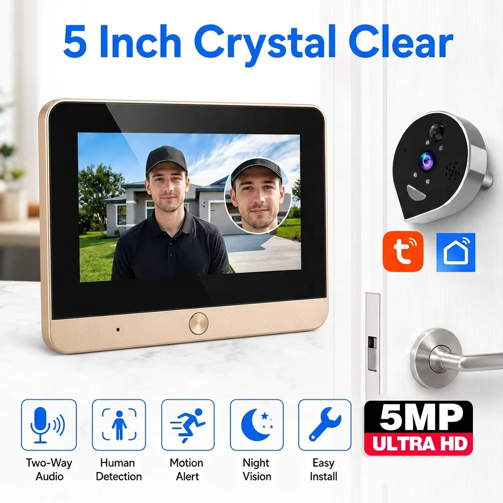 Tuya 5MP 5Inch Screen Mini Digital Peephole Viewer WiFi 940NM IR Microwave Radar Motion Detection Door Camera 10000mAh Battery