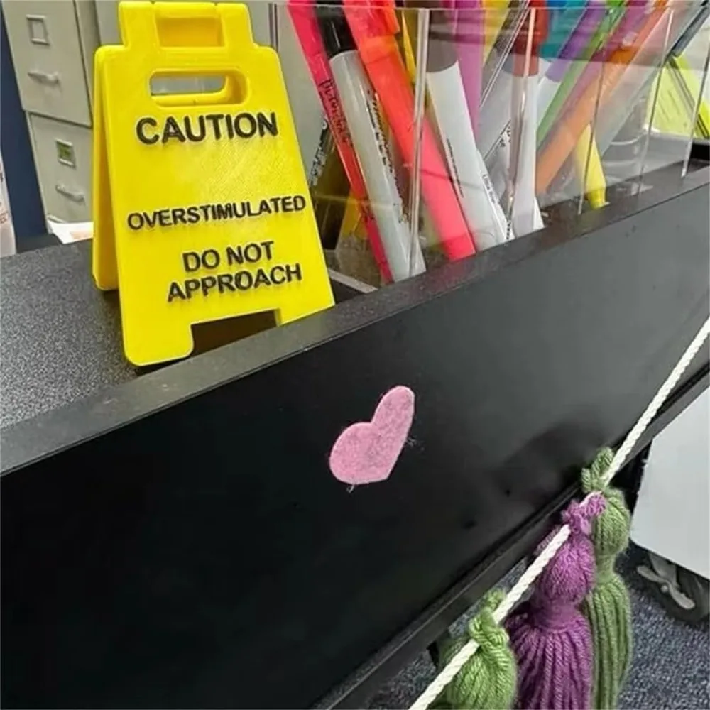 New Durable Caution Overstimulated Desk Sign Funny Bright Yellow Warning Sign Office Desk Ornament Gift