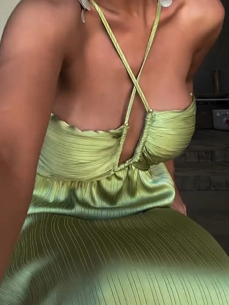 Summer Sexy Slim Pure Color Pleat Evening Dress Elegant Hollow Out Tie Up Dress Fashion Sleeveless Backless Tube Top Party Dress