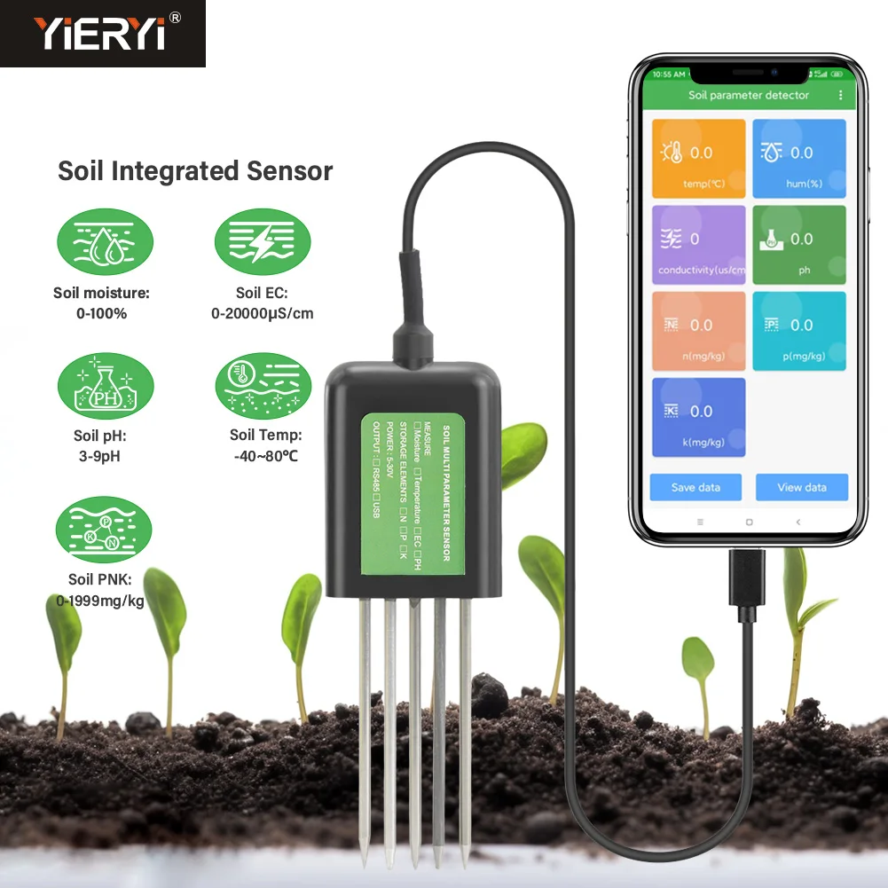 Yieryi Smart Soil Sensor 5-in-1 NPK EC Moisture Temp pH Meter with APP Data Logger USB Rechargeable Soil Tester for Garden Farm