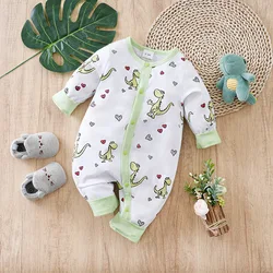 Cute Cartoon green dinosaur print cotton baby clothing spring and fall 0-2-year-old baby one-piece long-sleeved newborn romper