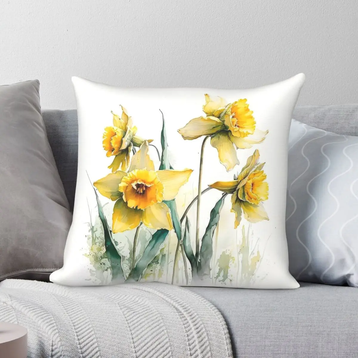 Daffodils Flower Square Pillowcase Polyester Linen Velvet Printed Zip Decorative Throw Pillow Case Home Cushion Case Wholesale