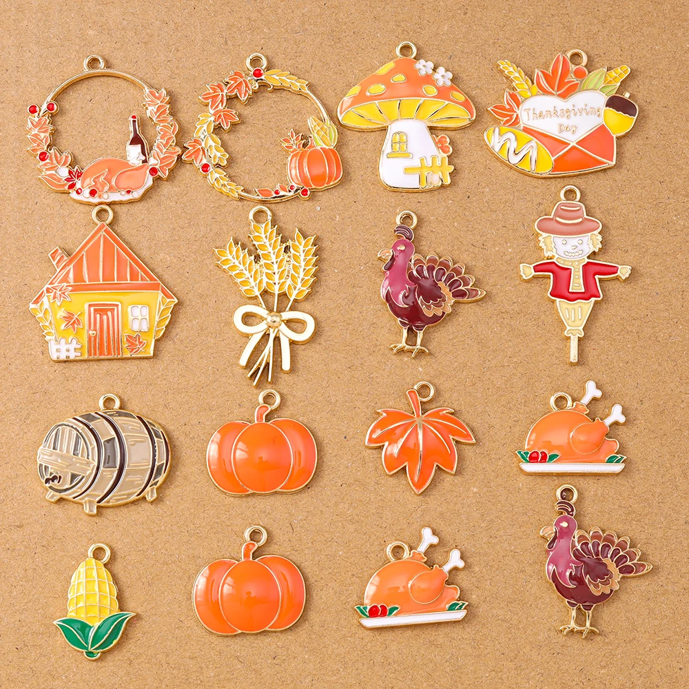 10pcs Cute Thanks-giving Day Pendants Corn Scarecrow Wheat Maple Turkey Charms for Necklace Earrings DIY Jewelry Accessories