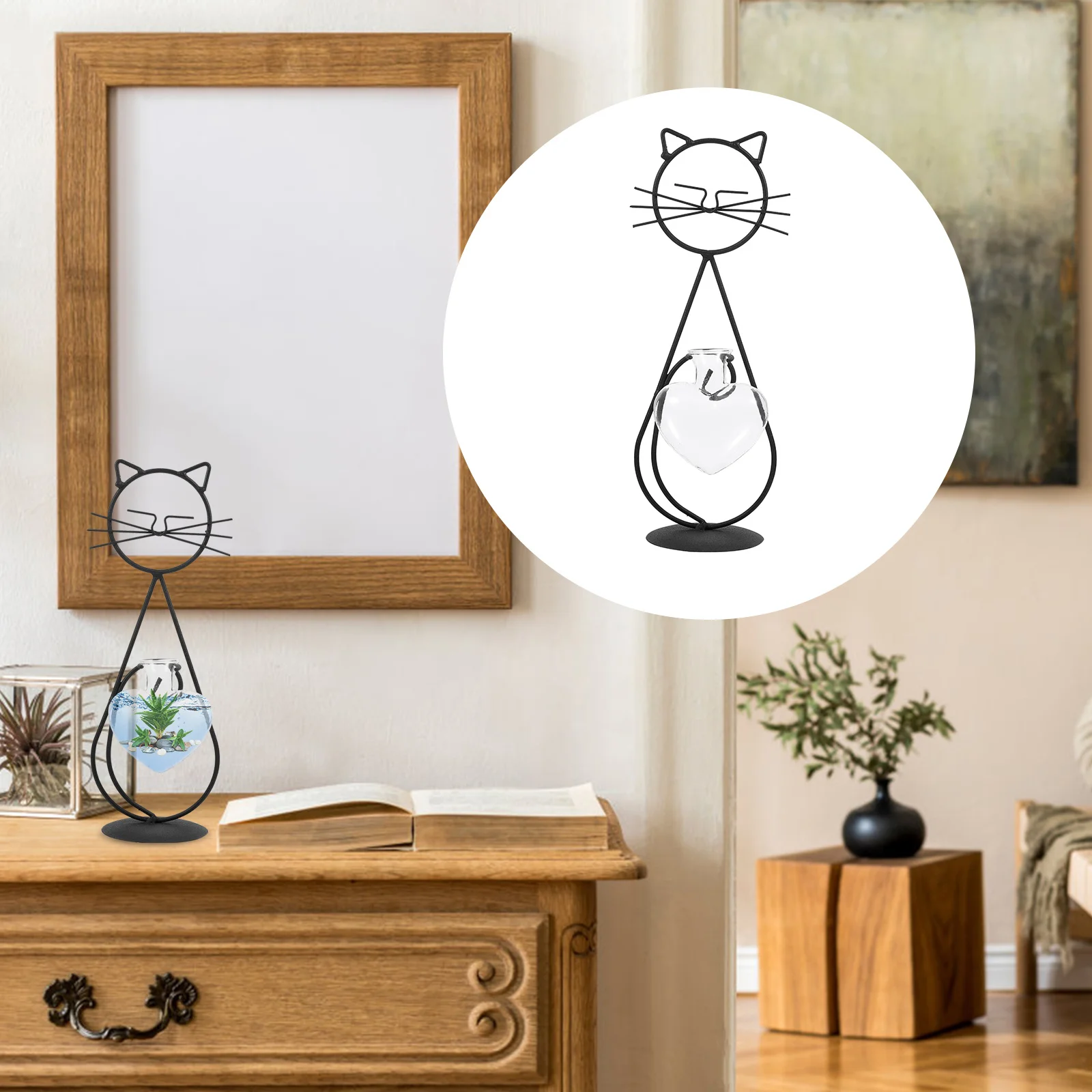 

Cute Cat Shaped Glass Vase with Iron Frame Hydroponic Planter for Home Office Decor Desktop Flower Arrangement Craft Simple