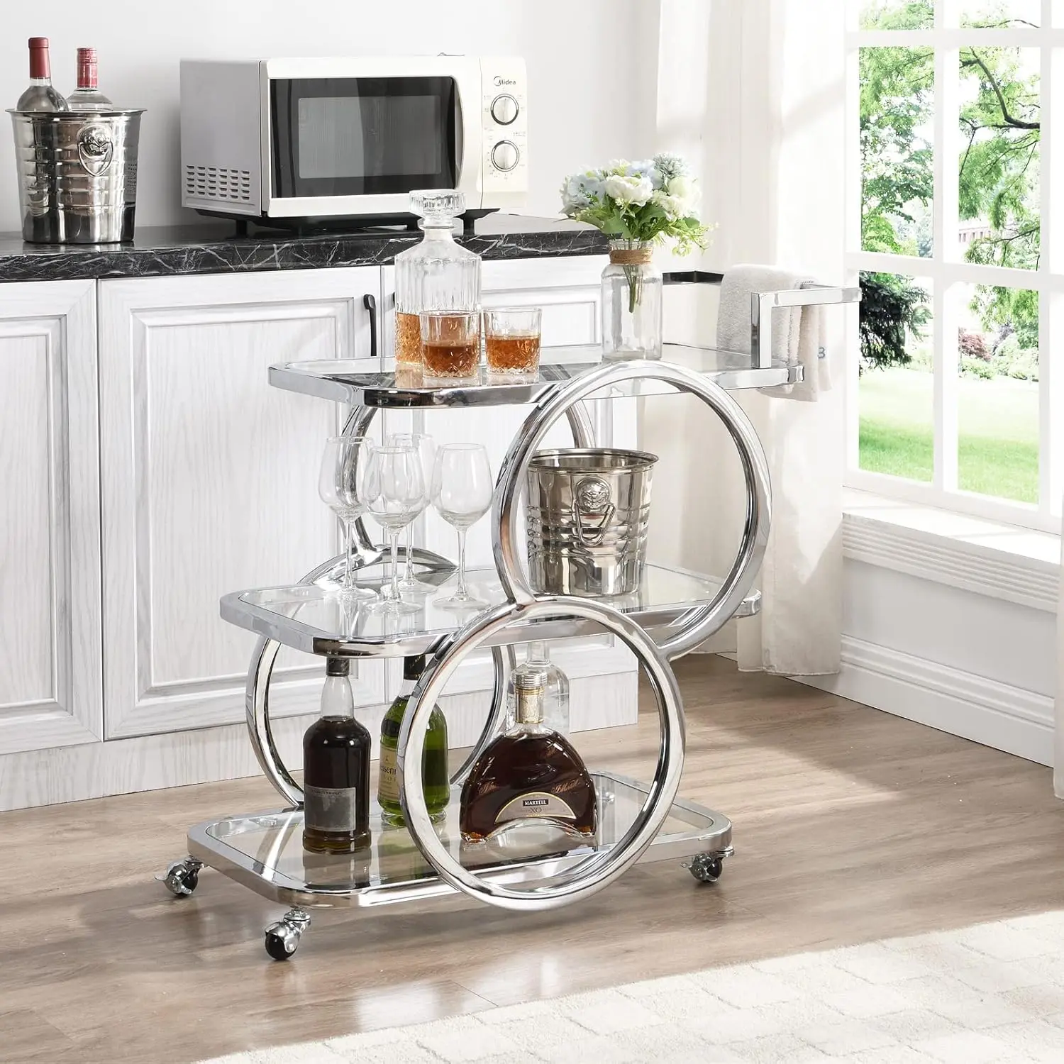 Home Bar Serving Carts 3 Tier Kitchen Trolley on Wheels Mobile for Home Dining Room Living Room Party Chrome