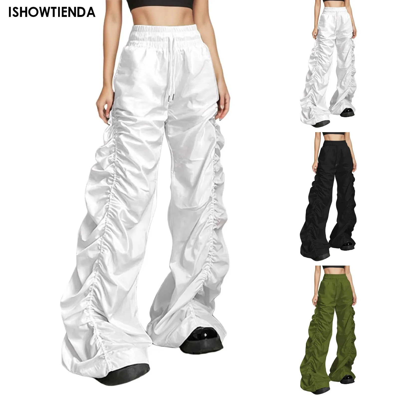 1pc Women Pants Big Pockets Cargo Y2k High Elastic Waist Drawstring Baggy Trousers Vintage Casual Loose Straight Cargo Pants